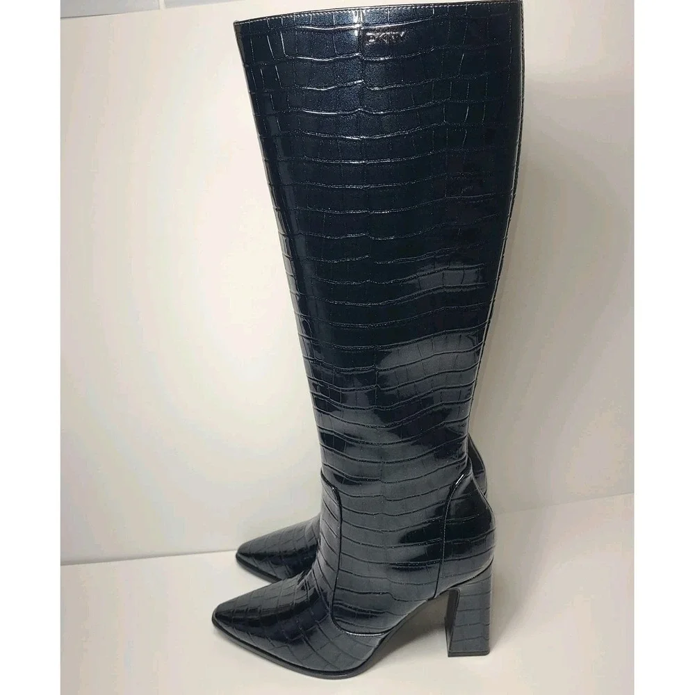 DKNY Knee High Boots Size 8M Black Croc Embossed Block Heel Charcoal Iridescent